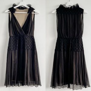 Elie Tahari 100% Silk Black Tan Smocked Waist V Neck Dress Size 2